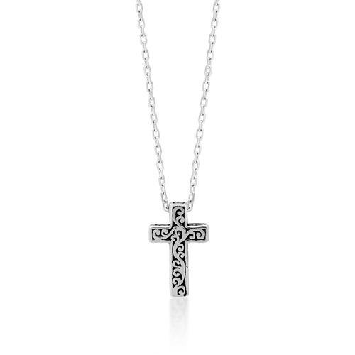LH Signature Scroll Sterling Silver Delicate Cross Pendant Necklace in 18" Adjustable Chain.  Pendant Size 8mm