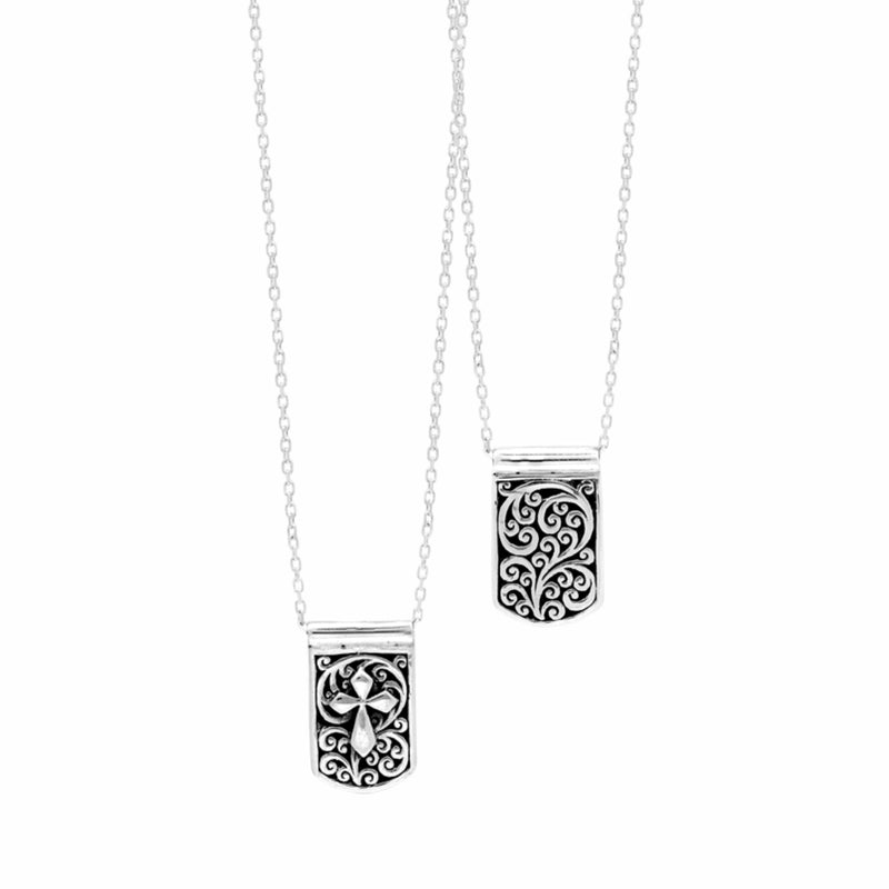 Signature Scroll IDtag with Cross-Sign Accents Pendant Reversible Sterling Silver Necklace. 10mm x 17mm Pendant on 18'' Chain