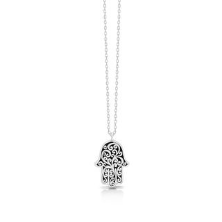 LH Signature Scroll Sterling Silver Delicate Hamsa Pendant Necklace in 18" Adjustable Chain.  Pendant size 17 by 11 mm