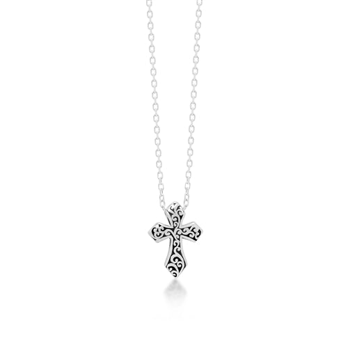 LH Signature Scroll Sterling Silver Delicate Tiny Cross Pendant Necklace in 18" Adjustable Chain.   Pendant Size 10mm - Lois Hill Jewelry