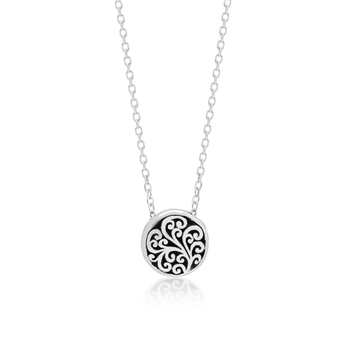 LH Signature Scroll Sterling Silver Delicate Round Pendant Necklace in 18" Adjustable Chain.  Pendant Size 10 mm - Lois Hill Jewelry