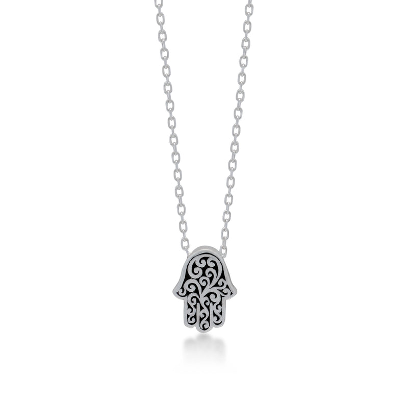 LH Signature Scroll Sterling Silver Petite Hamsa Pendant Necklace in 18" Adjustable Chain