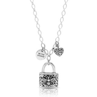 Classic Padlock "Be the Change" with Bee Charm & Disc & Heart Necklace