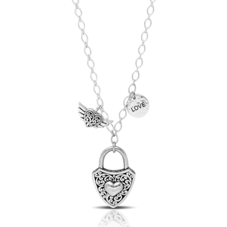 Shield Padlock with Heart Emblem & Winged Heart Charm Necklace