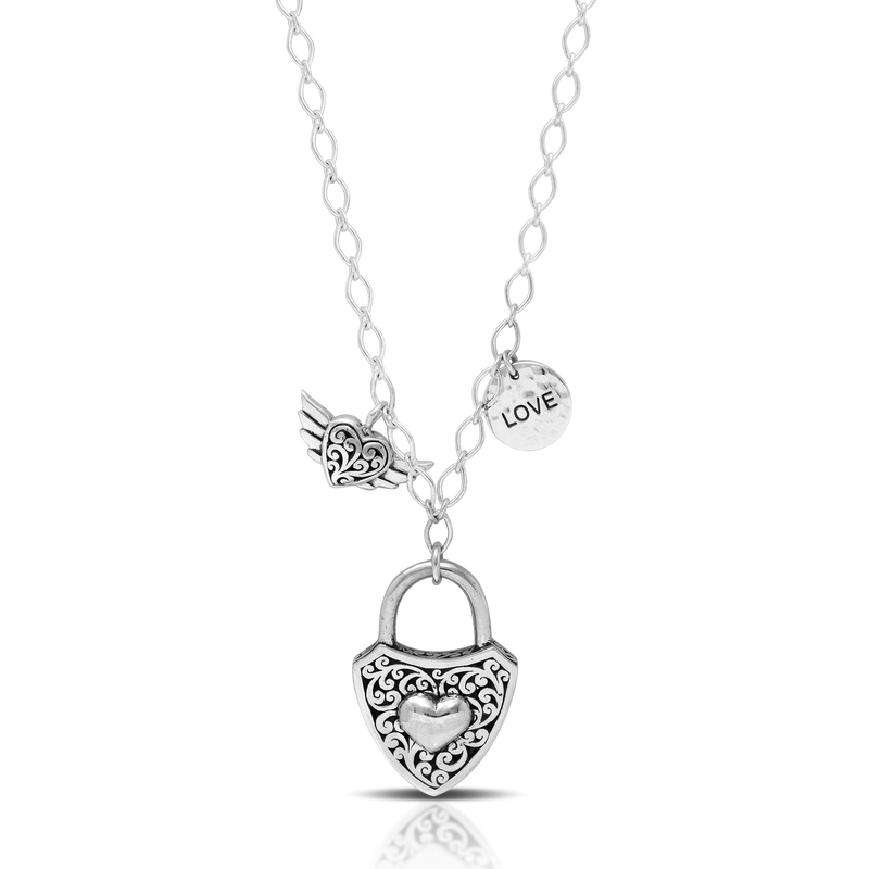 Shield Padlock with Heart Emblem & Winged Heart Charm Necklace