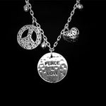 "Peace & Love" Necklace with LH Scroll Peace Sign & Heart Charm