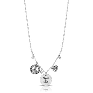 "Peace & Love" Necklace with LH Scroll Peace Sign & Heart Charm