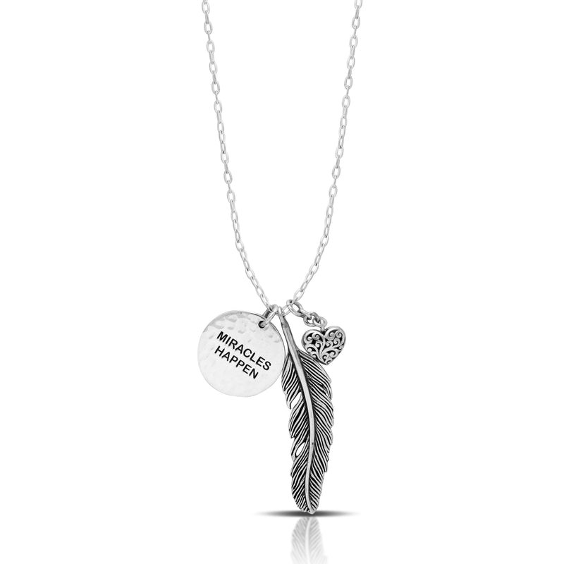 "Miracles Happen" Feather & Heart Pendant Necklace