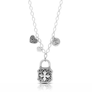 "Faith & Love" Maltese Cross LH Scroll Locket, Heart Charm Necklaces