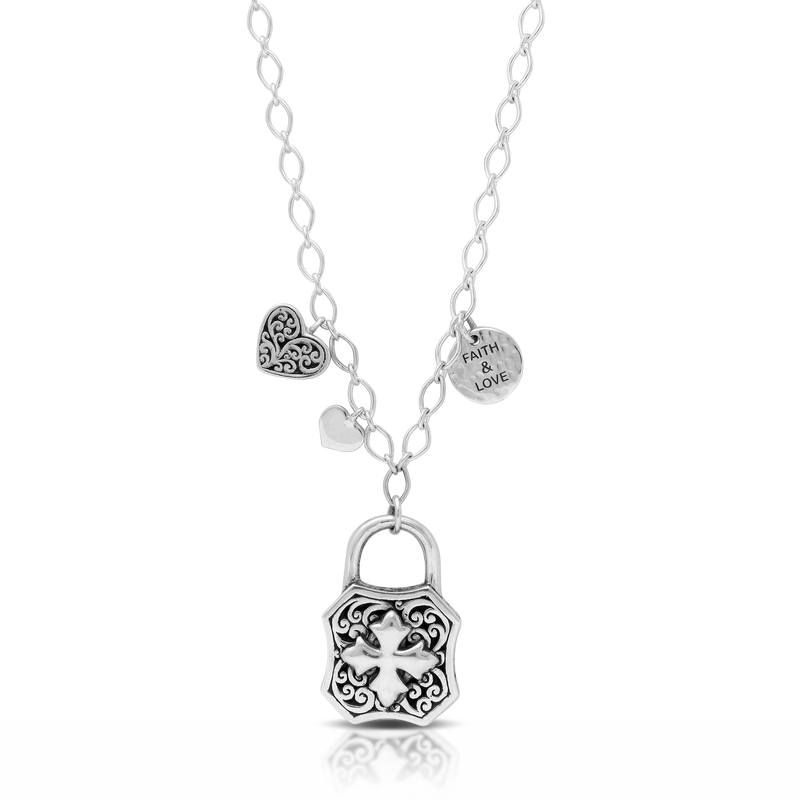 "Faith & Love" Maltese Cross LH Scroll Locket, Heart Charm Necklaces