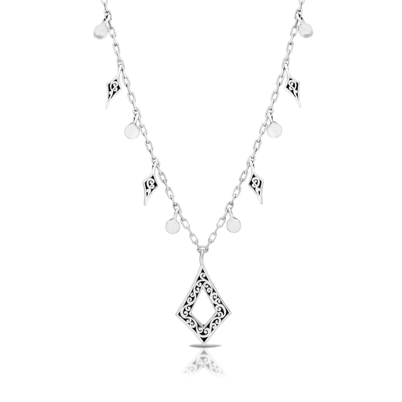 LH Scroll Cutout Stylized Diamond Shaped Dangle Necklace