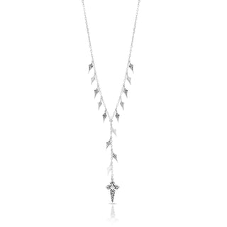Delicate LH Scroll Cross and Diamond-Shaped Bead Lariat Necklace 20mm x 65mm Drop