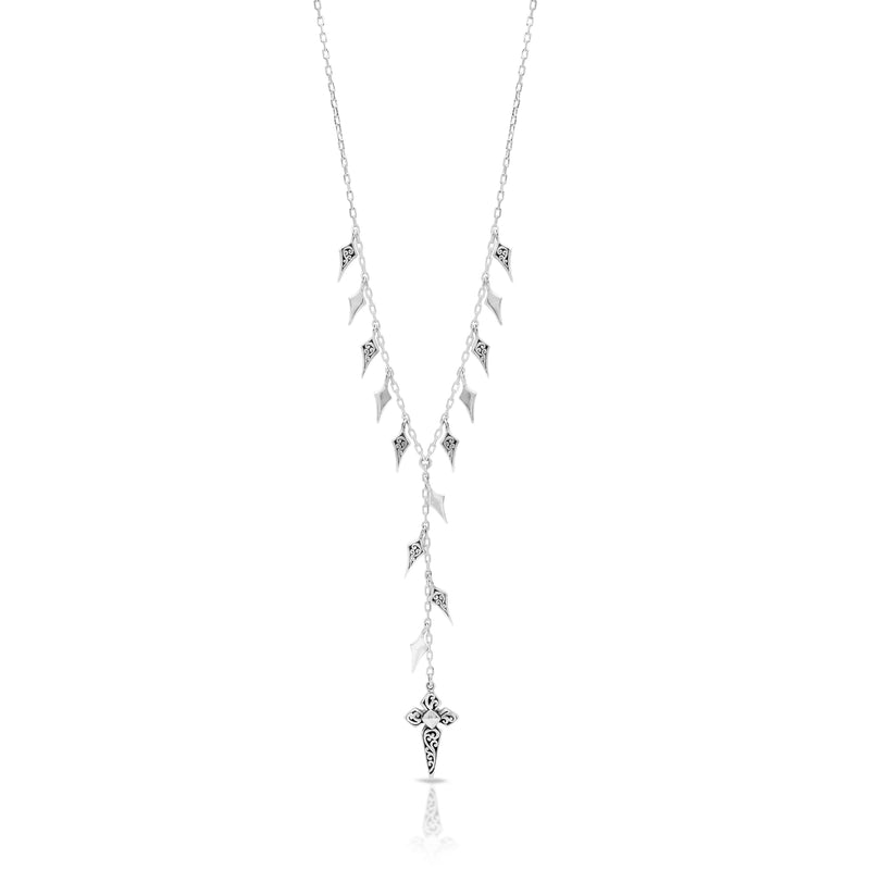 Delicate LH Scroll Cross and Diamond-Shaped Bead Lariat Necklace 20mm x 65mm Drop