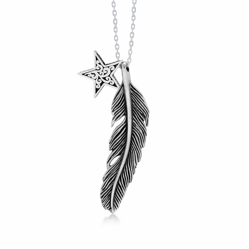 LH Feather with Signature Scroll Star Charm Pendant Necklace in 18" Adjustable Chain