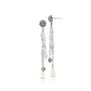 White Mother-of-Pearl LH Scroll Beads Tripple Layer Chandelier Post Earrings
