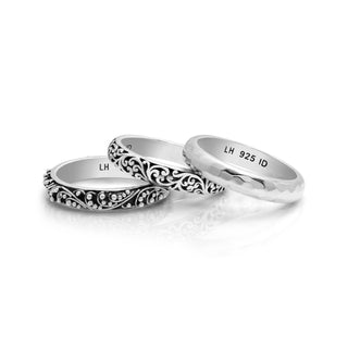 3-Stack 4mm Granulated, LH Scroll & Hammered Rings (12mm total width)
