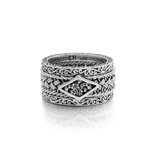 LH Textile Weave Diamond Shape Granulated Station 3-Stack Ring (11mm total width)