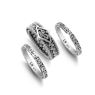 LH Textile Weave Diamond Shape Granulated Station 3-Stack Ring (11mm total width)
