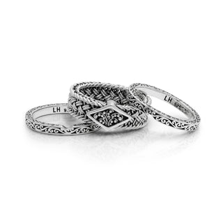 LH Textile Weave Diamond Shape Granulated Station 3-Stack Ring (11mm total width)