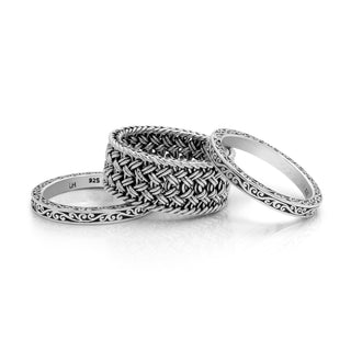 LH Scroll 9mm Textile Weave 3-Stack Ring (14mm total width)