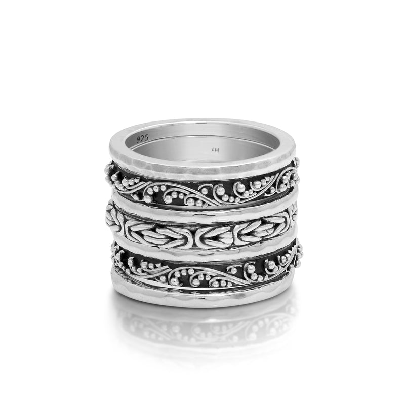 7-Stack Granulated, LH Scroll & Hammered Ring (16mm total width)