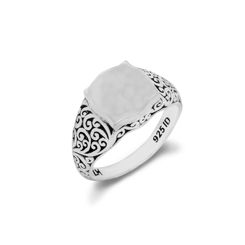 Alhambra Stylized Hammered with LH Scroll Signet Ring