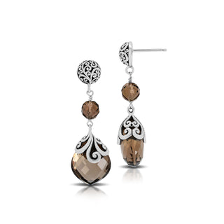 Smoky Quartz Pear With Scroll Petal Dangle Post Earring
