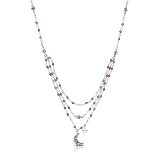 Smoky Quartz & LH Scroll Beads Moon & Star Layered Necklace (17"-20")