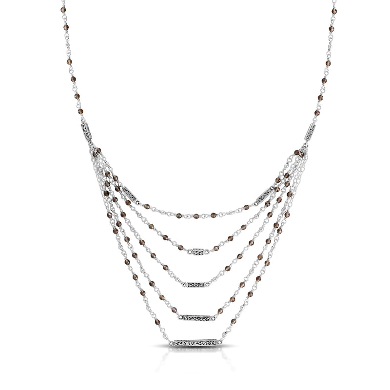 Smoky Quartz Beads With LH Scroll Bars Layered Wire-Wrapped Necklace (17'' - 20'')