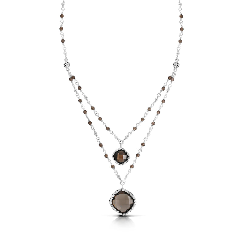 Smoky Quartz & LH Scroll Beads With Double Cushion Pendant Layered Necklace (17"-20")
