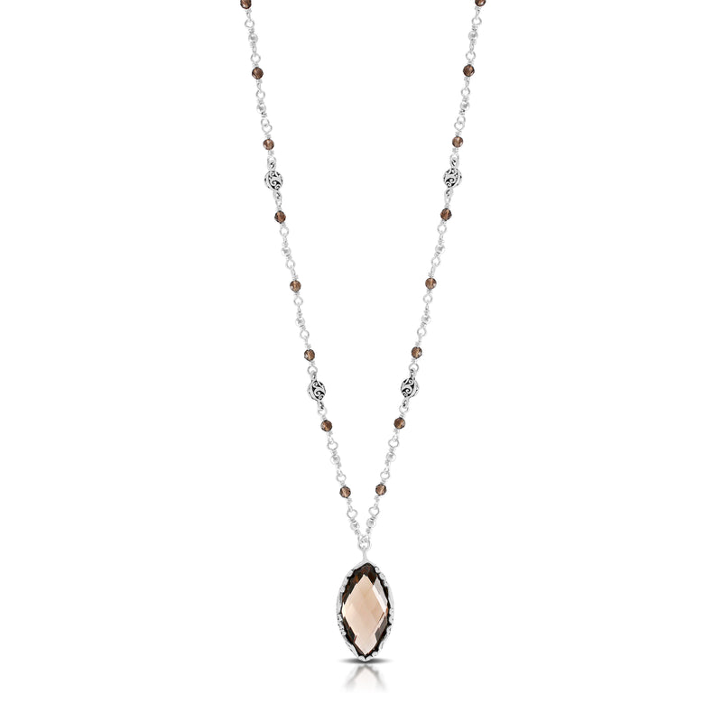 Smoky Quartz & LH Scroll Beads With Marquise Pendant Wire-Wraped Necklace  (17"-20")