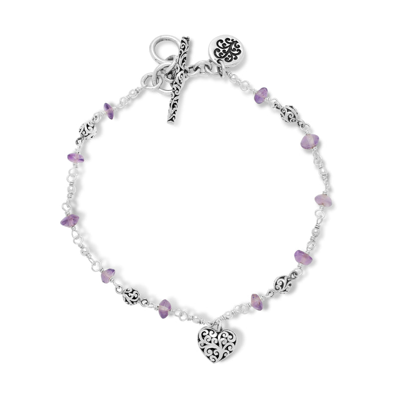 Rose-de-France Amethys Beads  With Scroll Heart Wire-Wrapped Bracelet