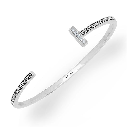 LH Signature Sterling Silver Scroll Slim Cuff with White Diamond Bar - Lois Hill Jewelry