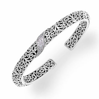Signature Scroll with White Diamond Accents Hinge Cuff. 6 1/4'' Wrist