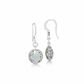 Green Quartz with White Diamond (0.15 CT) Scroll Border Earrings (12mm*17mm)