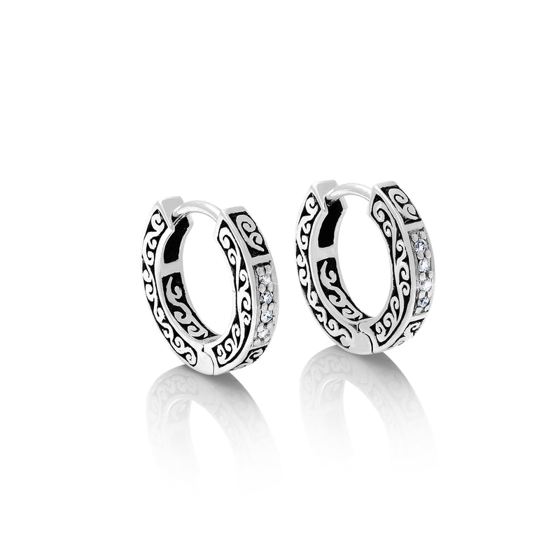 Small Square Sided LH Signature Scroll with White Diamond (.04ct) Hoop Earrings