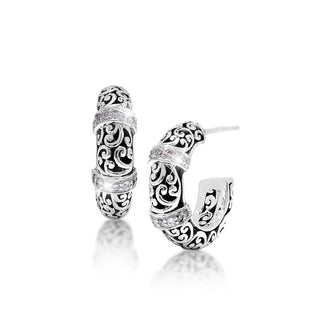 Small White Diamond Hoop with LH Signature Scroll Earrings