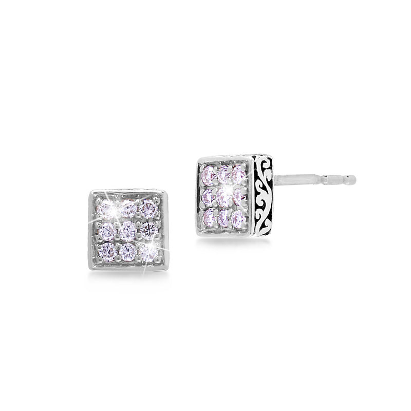 Small Pave White Diamond Square LH Signature Scroll Stud Earrings