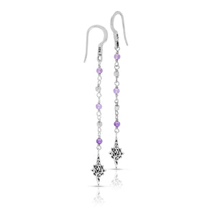 Rose-de-France Amethyst Beads with Diamond Shaped Dangle Drop Earrings