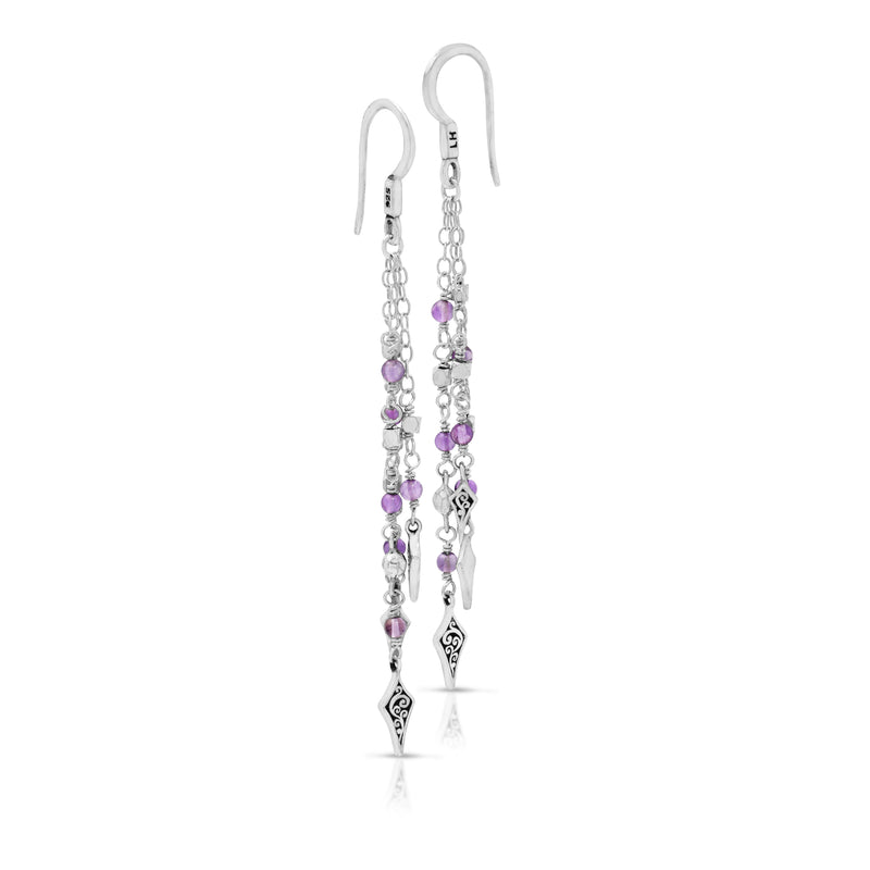 Rose-de-France Amethyst Beads with Elongated Shaped Charms Dangle Earrings
