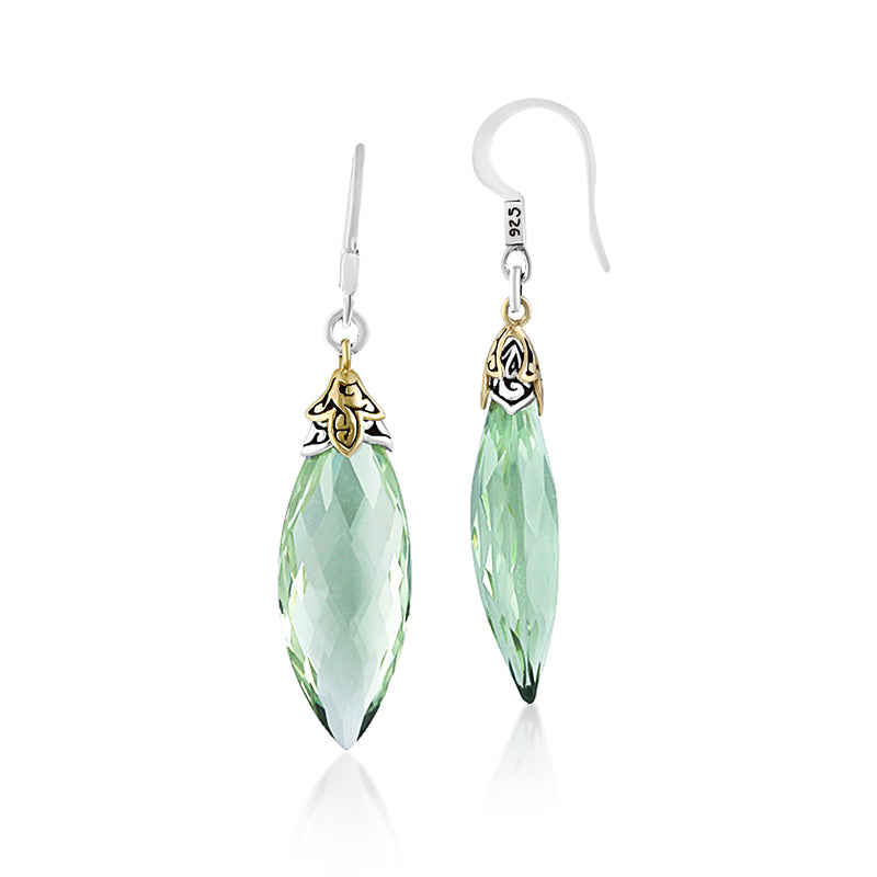 18K Gold Accents and Marquise Green Quartz with Classic Signature Lois Hill Scroll Drop Earrings (12mm*39mm)