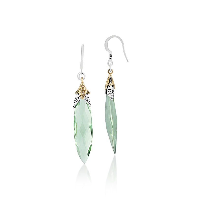 18K Gold and Marquise Green Quartz with Classic Signature Lois Hill Scroll Drop Earrings (9mm*42mm)