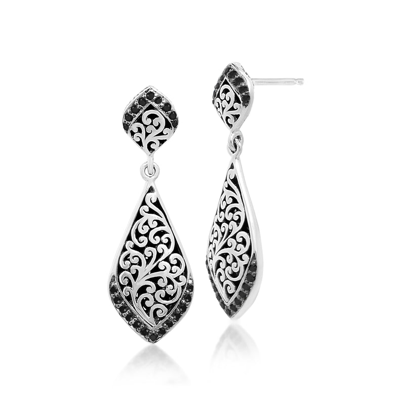Dangling Black Sapphire (0.45 CT) with Classic Signature Lois Hill Scroll Earrings (11mm*34mm)