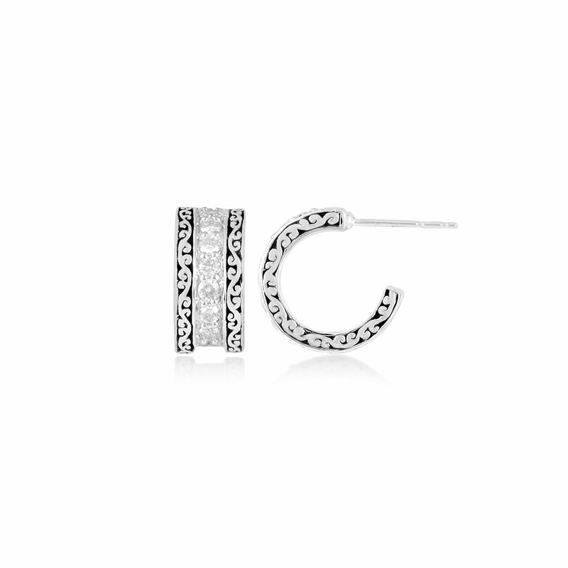 White Diamond with Classic Signature Scroll Side Hoop Earrings