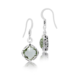 Green Quartz with Scroll Diamond (0.40 CT) Frame Drop Earrings (14mm*19mm)