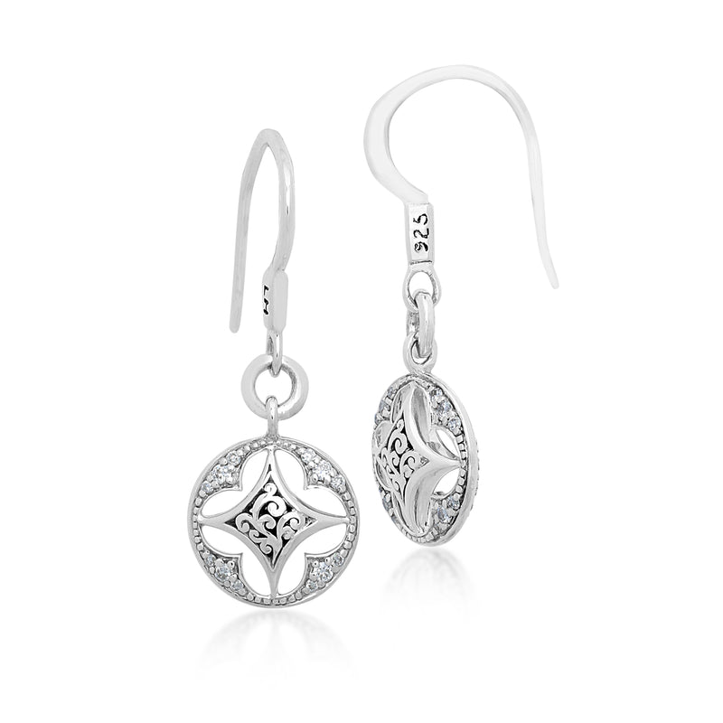 White Diamond LH Signature Scroll Round Open Frame Drop Earrings