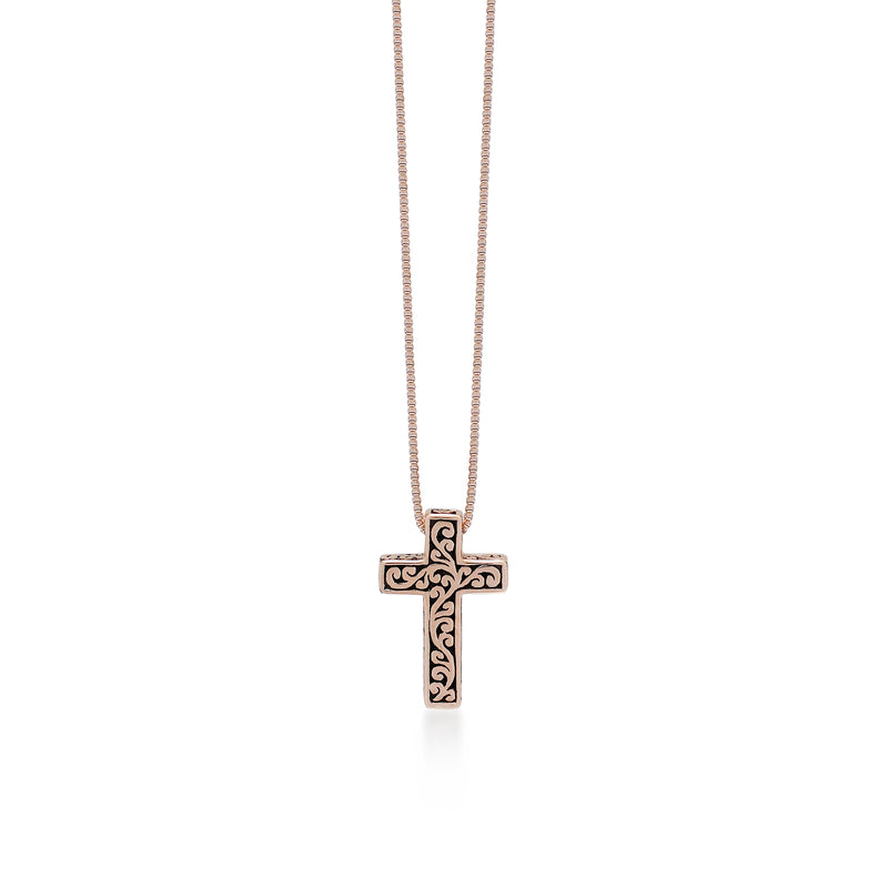 18K Rose Gold Cross Pendant with Hand Carved Lois Hill Scroll Necklace (9mm*14mm)