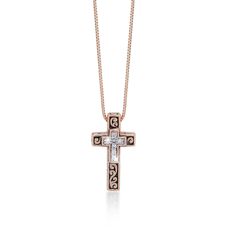 18K Rose Gold with Signature Lois Hill Scroll and White Diamond (0.04 CT) Cross on Cross Necklace. Adjustable Chain 18"