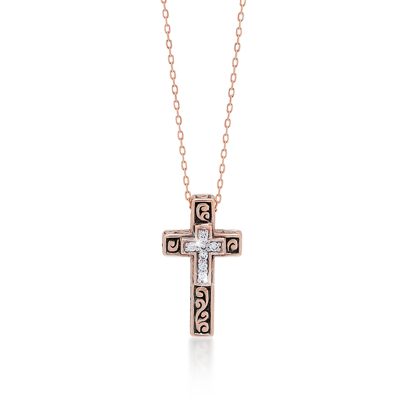 18k Rose Gold Cross Neklace with Classic Signature Lois Hill Scroll and Inner Diamond (0.13 CT) Cross Necklace