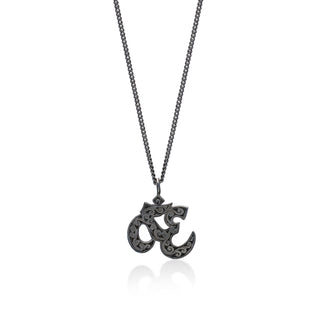 Black Diamond 'Om' Pendant Necklace in Black Rhodium Plated Sterling Silver